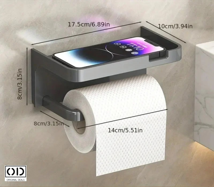Suport autoadeziv pentru hartie igienica cu raft pentru depozitare servetele sau accesorii, montaj fara gaurire, culoare gri inchis – solutie practica si moderna pentru baie. ORIGINAL DEALS. [10]