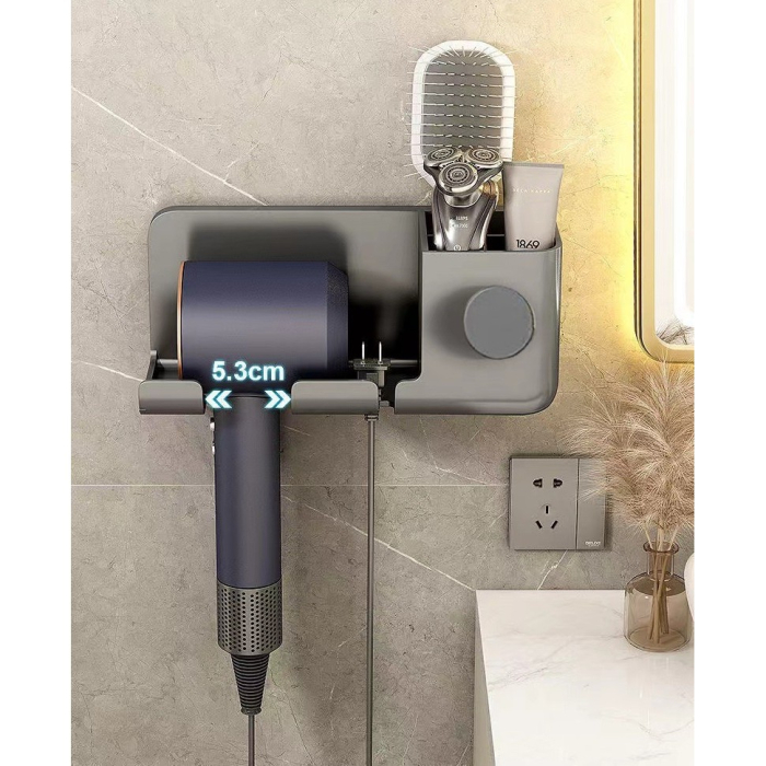 Suport de Baie, , pentru Uscator de Par, cu Organizator Dublu, din Plastic, Aplicare cu Suport Adeziv, 23 x 8.8 x 9.5 cm, Gri [5]