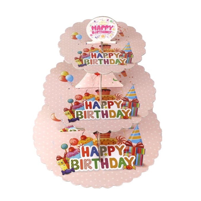 Suport Etajat pentru Prajituri, , cu Tematica Happy Birthday, 3 Nivele, Model 2, 38x34x1cm, Multicolor [1]
