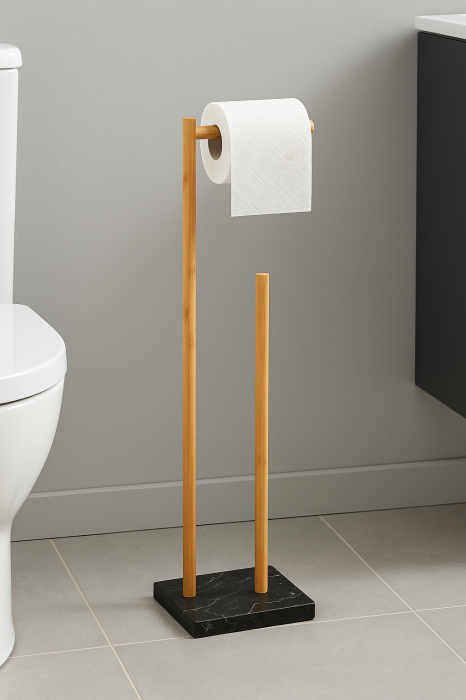 Suport hartie igienica 5Five Lea cu spatiu depozitare, bambus, 22x18x78 cm, negru si maro [2]