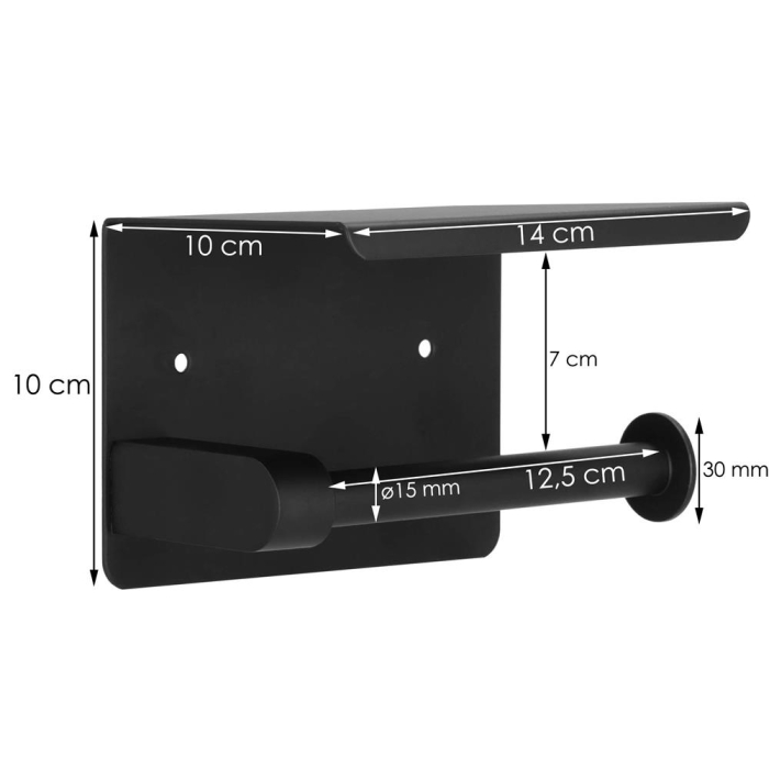 Suport hartie igienica din otel cu raft depozitare, prindere fara gaurire, 14cm, negru [7]