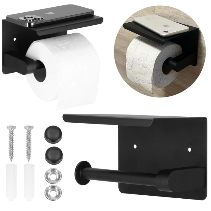 Suport hartie igienica din otel cu raft depozitare, prindere fara gaurire, 14cm, negru [2]