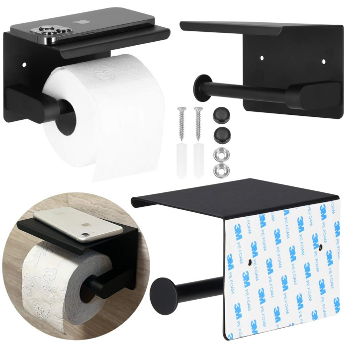 Suport hartie igienica din otel cu raft depozitare, prindere fara gaurire, 14cm, negru [4]