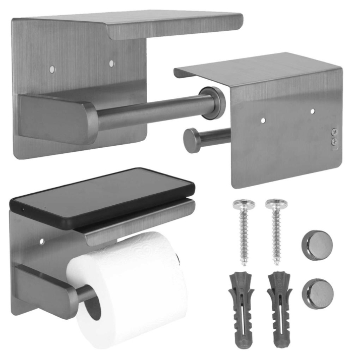 Suport hartie igienica din otel cu raft depozitare, sistem montare inclus, 13.5cm, argintiu lucios [7]