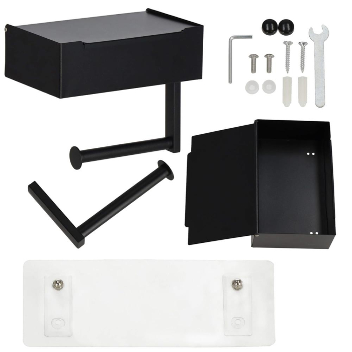 Suport hartie igienica din otel cu sertar depozitare, sistem montare inclus, 22cm, negru bej [3]