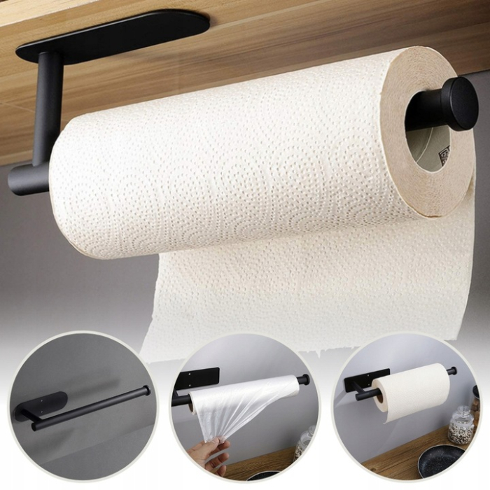 Suport hartie igienica din otel, prindere fara gaurire, 33.5cm, negru [13]