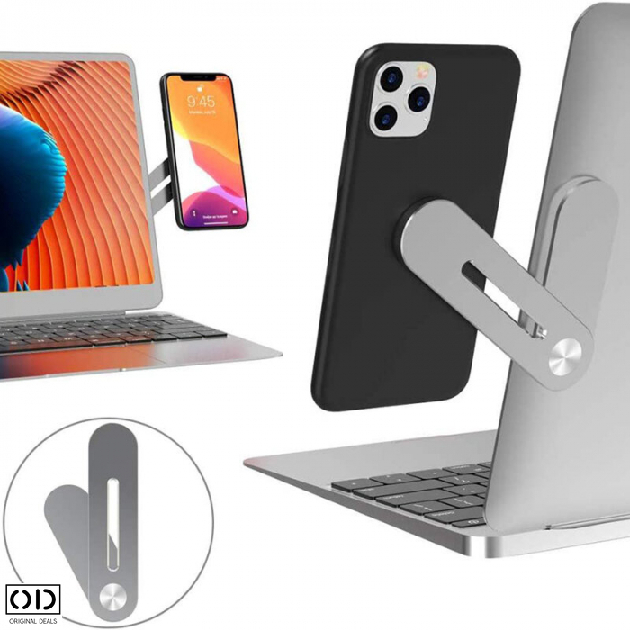 Suport Magnetic Auto-Adeziv pentru Telefon cu Prindere pe Laptop sau Desktop din Aluminiu, Premium, Compatibil Universal [1]