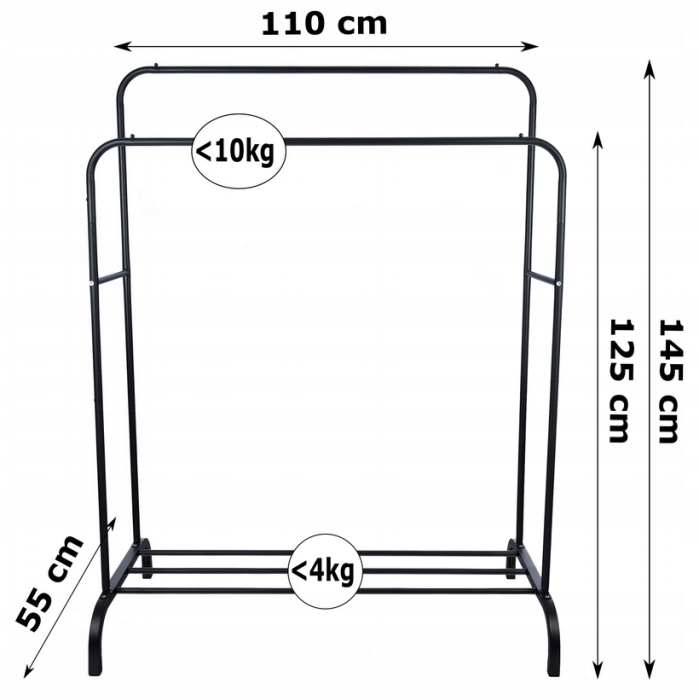 Suport metalic pentru haine 110x55x145 cm, cu bara dubla si raft pentru incaltaminte, negru [12]