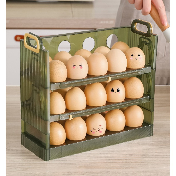Suport Organizator pentru Oua, , pentru Frigider, Verde transparent, Capacitate 30 oua, Trei straturi, cu Data de Expirare, 25.5x10x23 cm [4]