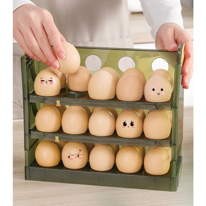 Suport Organizator pentru Oua, , pentru Frigider, Verde transparent, Capacitate 30 oua, Trei straturi, cu Data de Expirare, 25.5x10x23 cm [5]