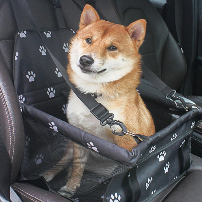 Suport pentru Animalele de Companie, , pentru Masina, cu Prindere de Scaun si Centura de Siguranta, Negru cu Imprimeu, 40x32x42cm [5]