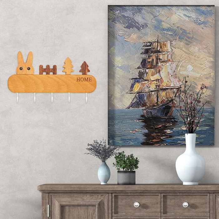 Suport pentru Chei, , din Lemn, Aplicare fara Perforare, Adeziv Inclus, 5 Carlige Albe, Model Iepure, Greutate Suportata 5 kg, 13.5 x 22 cm, Maro [6]