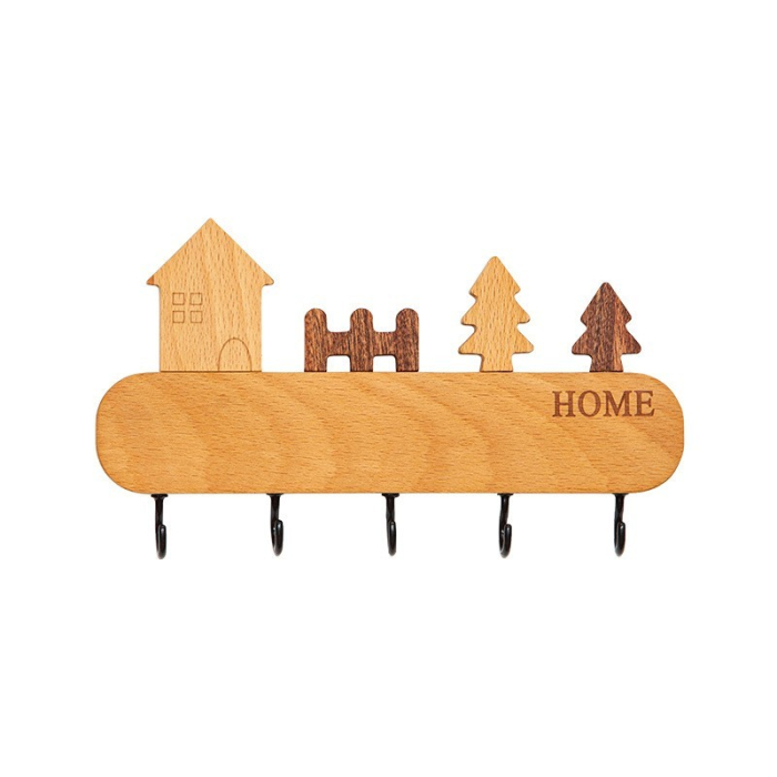 Suport pentru Chei, , din Lemn, Aplicare fara Perforare, Adeziv Inclus, 5 Carlige Negre, Model Casuta, Greutate Suportata 5 kg, 13.5 x 23 cm, Maro [4]