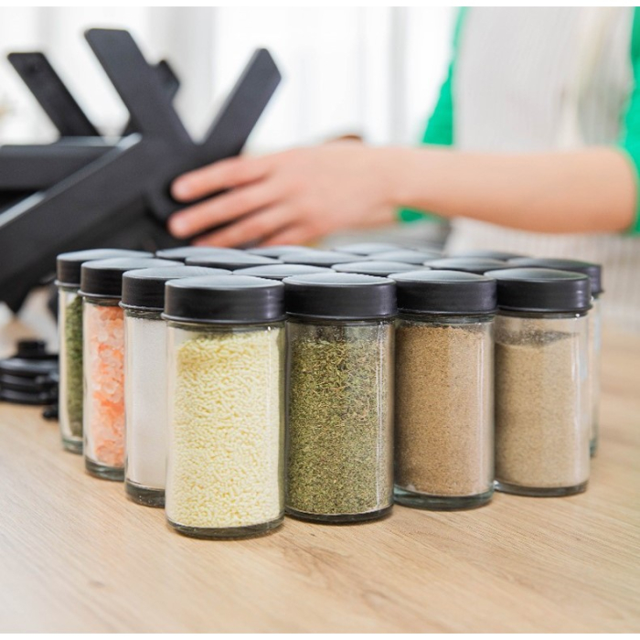 Suport Pentru Condimente Rotativ, , Multifunctional, Pivotant 360°, Portabil, Usor de Montat, 34x23 cm, ABS/Sticla, Negru [15]