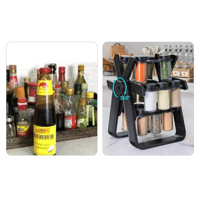 Suport Pentru Condimente Rotativ, , Multifunctional, Pivotant 360°, Portabil, Usor de Montat, 34x23 cm, ABS/Sticla, Negru [14]