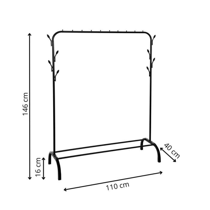 Suport pentru haine cu cadru metalic, cu sina de agatat si carlige cuier, 40x110x146cm, negru [15]