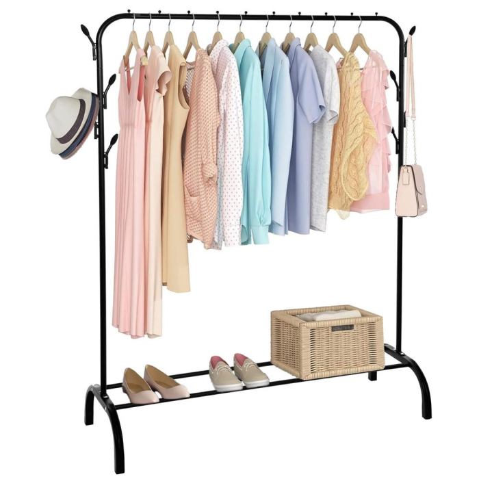 Suport pentru haine cu cadru metalic, cu sina de agatat si carlige cuier, 40x110x146cm, negru [16]