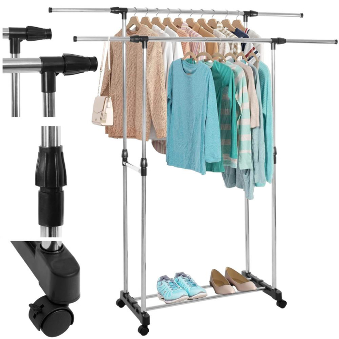Suport pentru haine pe roti, sina dubla, reglabil pe inaltime si latime, din aluminiu cromat, 155x45x150cm, argintiu [16]