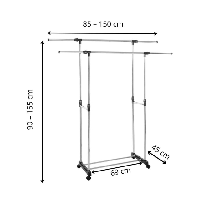 Suport pentru haine pe roti, sina dubla, reglabil pe inaltime si latime, din aluminiu cromat, 155x45x150cm, argintiu [18]