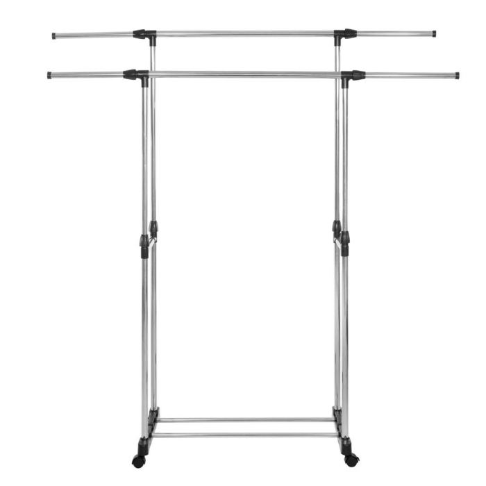 Suport pentru haine pe roti, sina dubla, reglabil pe inaltime si latime, din aluminiu cromat, 155x45x150cm, argintiu [10]