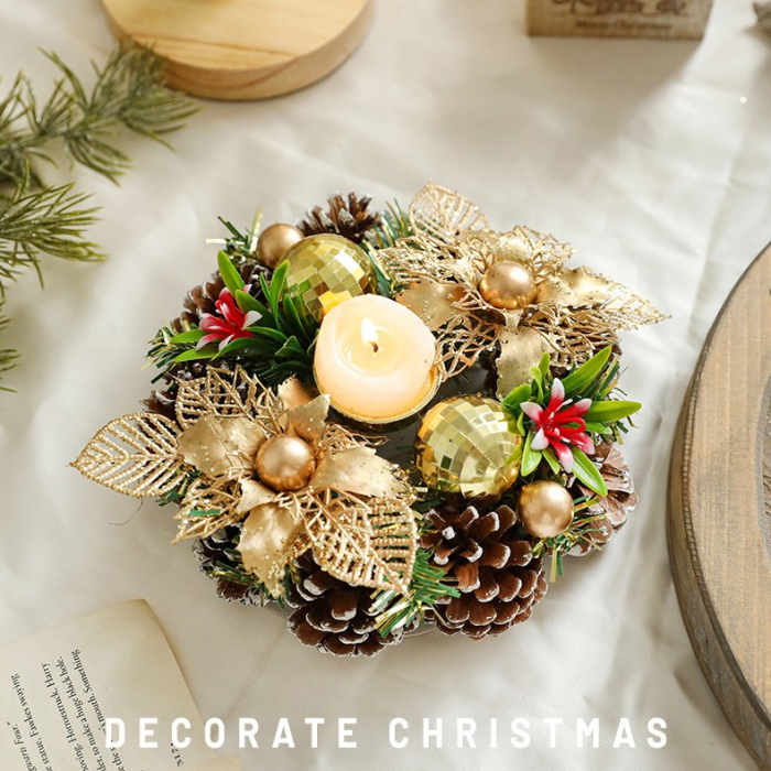 Suport pentru Lumanare de Craciun, , Model Cupa cu 2 Globutele Aurii si 2 Flori cu Conuri, Sfesnic de Tip Ghirlanda, Decoratiune pe Masa de Craciun, 17.5 x 17.5 x 7 cm, Auriu [3]