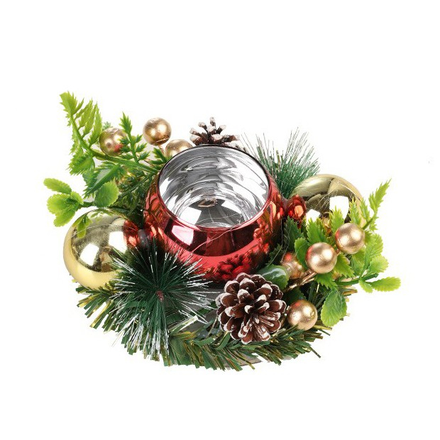 Suport pentru Lumanare de Craciun, , Model Glob pentru Brad 2 Conuri, Sfesnic de Tip Ghirlanda, Decoratiune pe Masa de Craciun, 12 x 12 x 6 cm, Rosu [1]