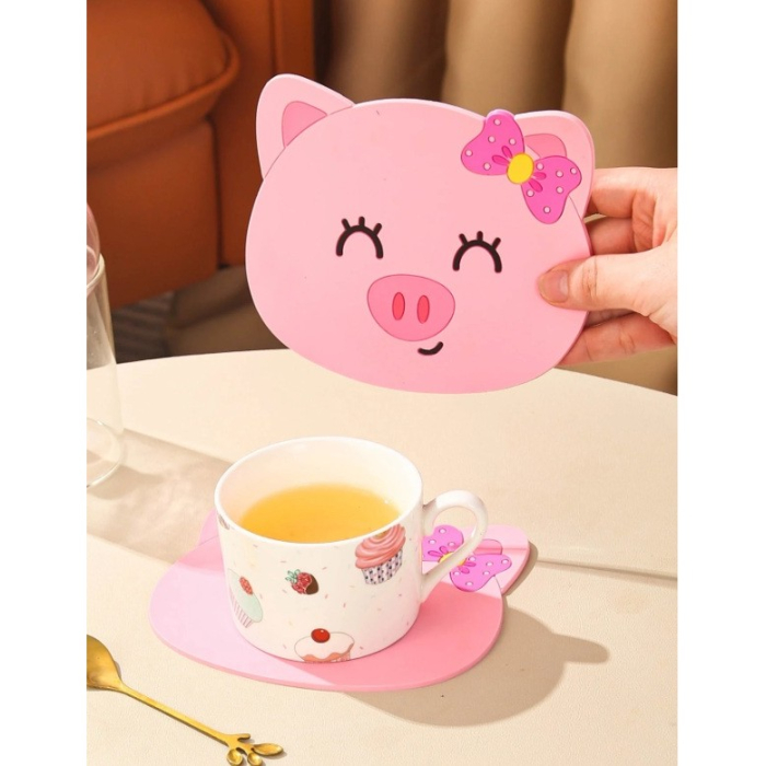 Suport pentru Pahar, , Model Urs Purcelus, din PVC, 15.5x15.5 cm, Rezistent la Caldura, Roz [2]