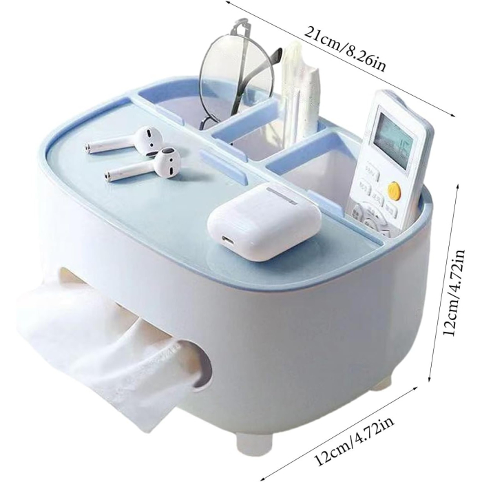 Suport pentru Servetele, , Cutie Multifunctionala, Design Minimalist, ABS, cu Suport pentru Obiectele Personale, pentru Birou, 21x12x12 cm, Albastru [4]