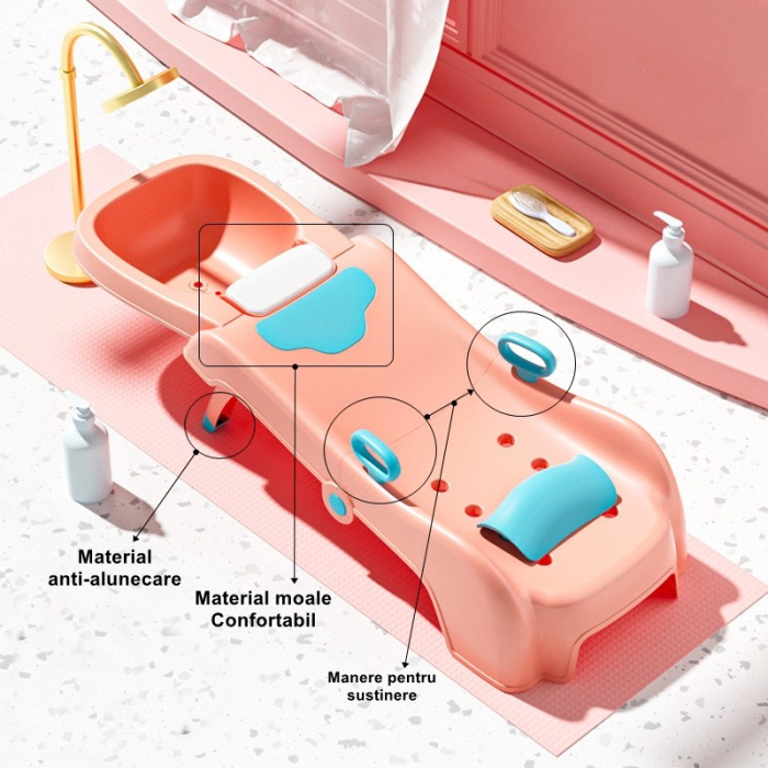 Suport Pliabil pentru Spalat Parul , Pentru Copii, cu Scurgere, cu Picioare Antialunecare, Material Polipropilena, Suport Cap Reglabil, cu Manere, 110 x 35 x 21 cm, Roz [6]