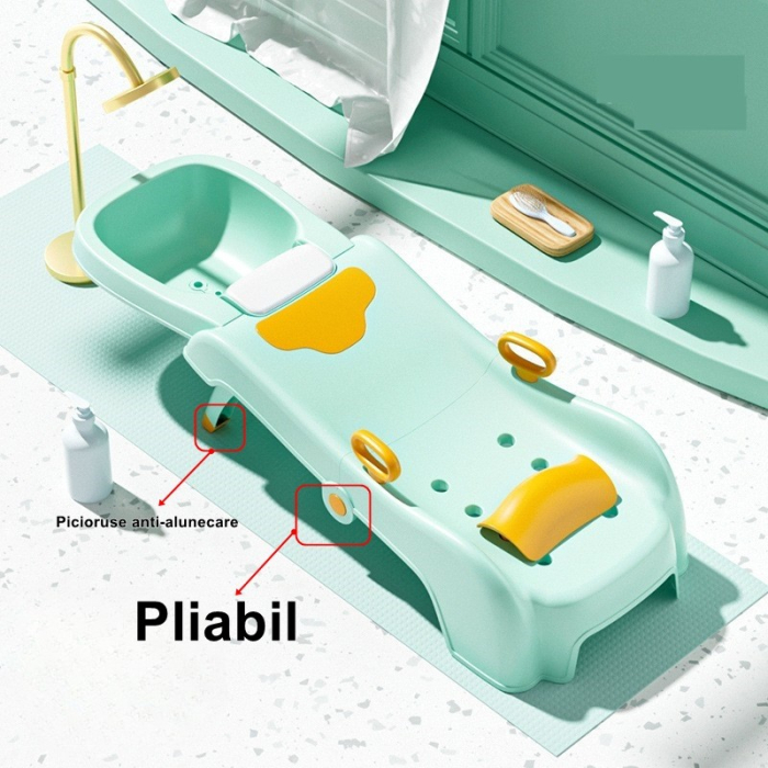 Suport Pliabil pentru Spalat Parul , Pentru Copii, cu Scurgere, cu Picioare Antialunecare, Material Polipropilena, Suport Cap Reglabil, cu Manere, 110 x 35 x 21 cm, Verde [3]