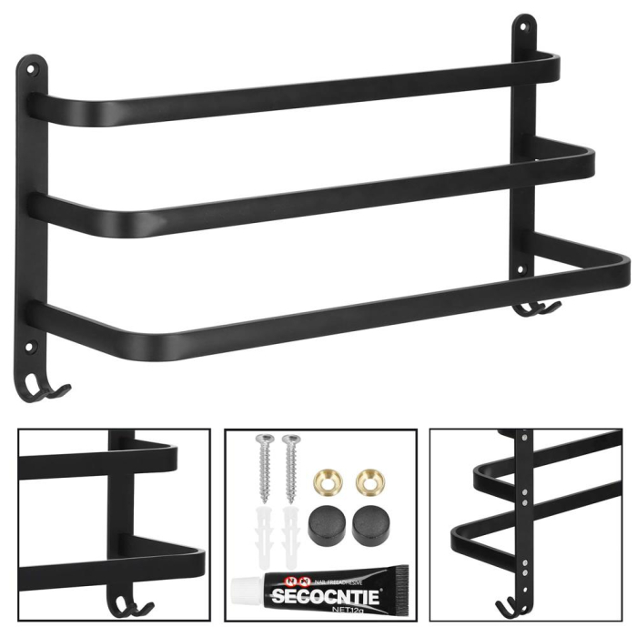 Suport prosoape pentru baie cu 2 sisteme de instalare, 3 brate, din aluminiu, 49x25cm, negru [16]