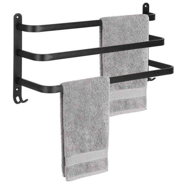 Suport prosoape pentru baie cu 2 sisteme de instalare, 3 brate, din aluminiu, 49x25cm, negru [1]