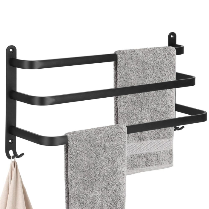 Suport prosoape pentru baie cu 2 sisteme de instalare, 3 brate, din aluminiu, 49x25cm, negru [14]