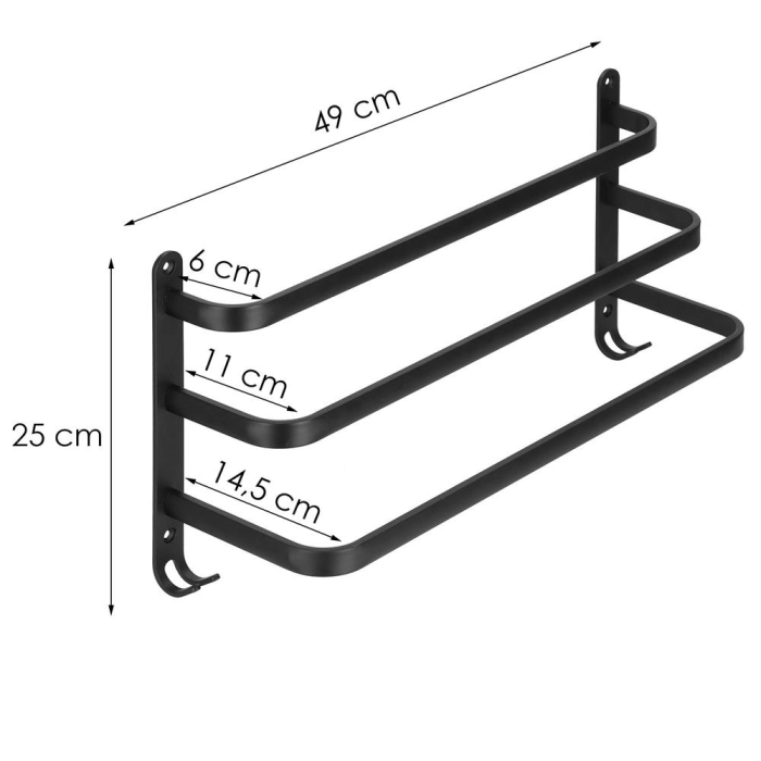 Suport prosoape pentru baie cu 2 sisteme de instalare, 3 brate, din aluminiu, 49x25cm, negru [19]