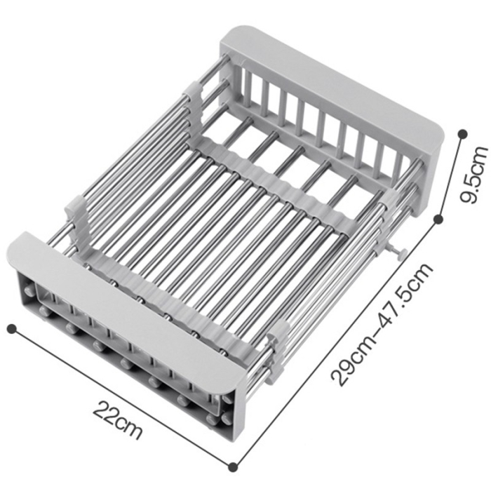 Suport Scurgere Extensibil pentru Bucatarie, , Uscator Vase din Otel Inoxidabil, Suport Tacamuri si Pahare, Suport pentru Fructe si Legume, 29 x 22 x 9.5 cm Gri [2]