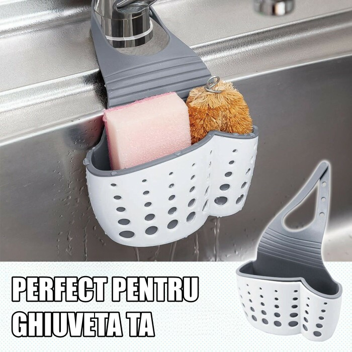 Suport Scurgere pentru Burete si Laveta de Vase Bucatarie, , Albastru, Curea Reglabila, Plastic Flexibil, 15x 5x 21cm [6]