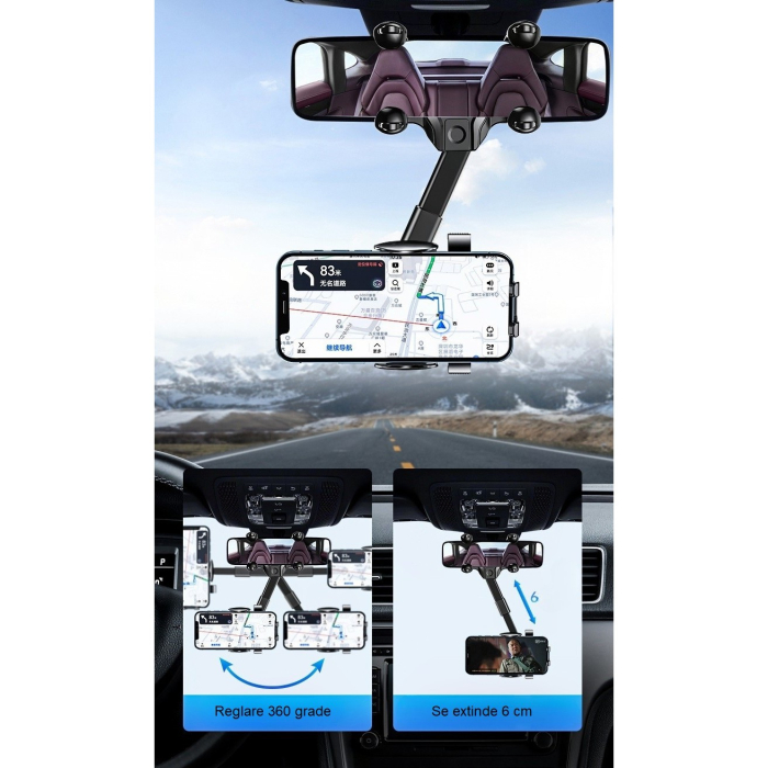 Suport Telefon Auto, , Pentru Oglinda Retrovizoare, din ABS, Reglabil 360°, Negru [7]