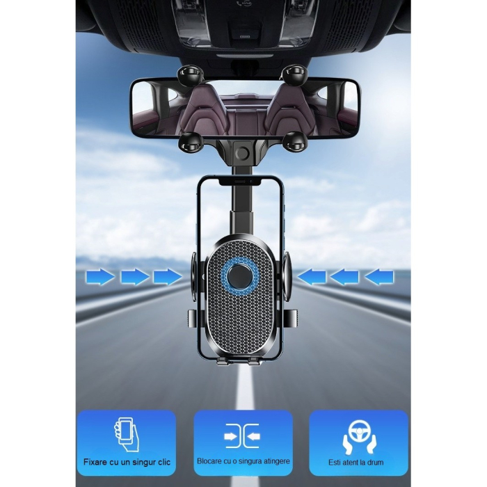 Suport Telefon Auto, , Pentru Oglinda Retrovizoare, din ABS, Reglabil 360°, Negru [6]