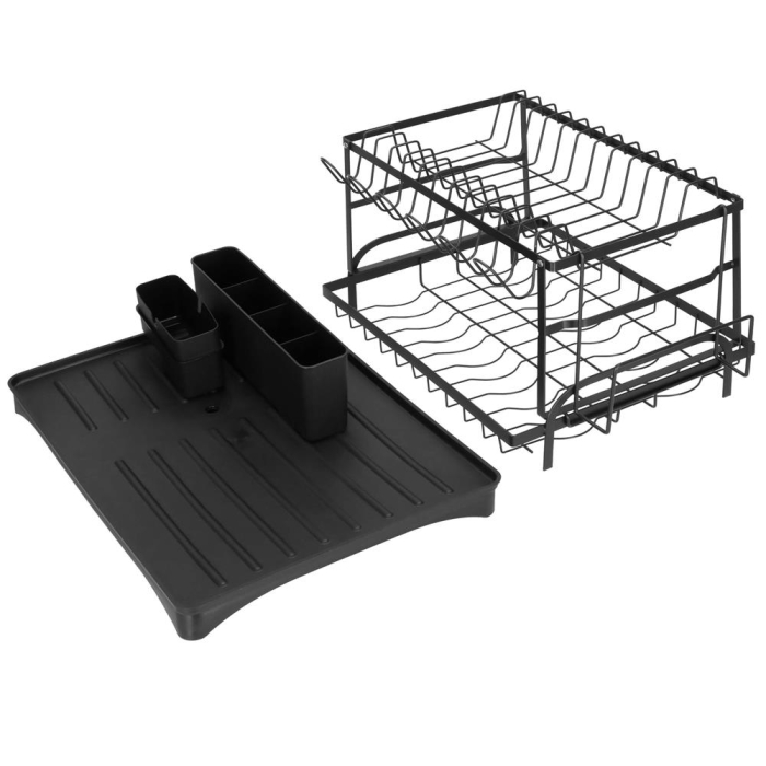 Suport vase 2 niveluri cu tava scurgere si suport tacamuri, 42x30x31,5 cm, negru [19]