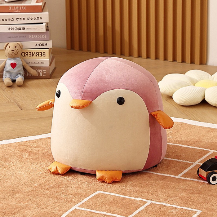 Taburet Pentru Copii, , Cadru din Lemn Masiv, 25 x 29 x 29 cm, Perna de Burete Elastica si Maner de Transport, in Forma de Pinguin, Roz [7]