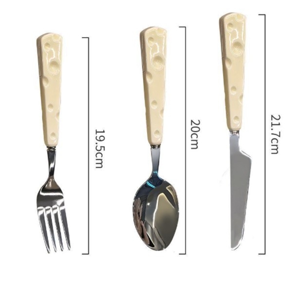 Tacamuri pentru Copii, , Set 3 Piese, Tacamuri pentru Dejun, Lingura Furculita Cutit, Stil Italian, Manere forma Cascaval Plastic, Inox, 23 cm, Auriu [3]