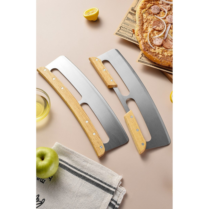 Taietor Feliator de Pizza, , din Otel Inoxidabil, cu Capac, Maner din Lemn, Antialunecare, Lama Neteda si Ascutita, 34x10 cm, Maro [6]