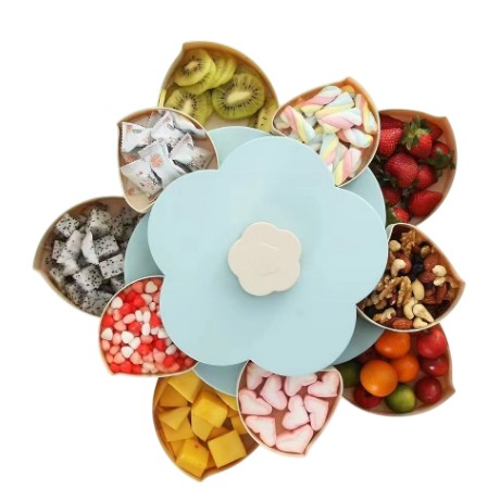 Tava pentru Servire, , pentru Fructe / Legume / Snackuri, cu Sertare, Deschidere Rotativa, pe 2 Straturi, in Forma de Floare, 26 x 26 x 11.5 cm Albastru [3]