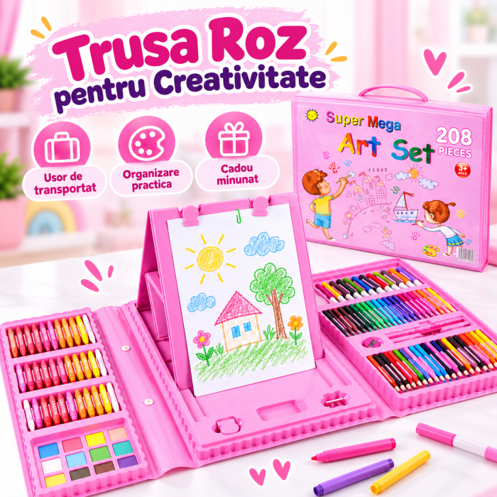 Set 208 Piese pentru Pictura si Desen Copii, Servieta Roz, 3-12 Ani - ORIGINAL DEALS [4]