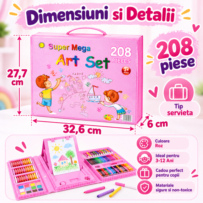 Set 208 Piese pentru Pictura si Desen Copii, Servieta Roz, 3-12 Ani - ORIGINAL DEALS [7]