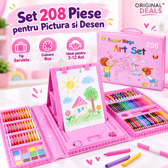 Set 208 Piese pentru Pictura si Desen Copii, Servieta Roz, 3-12 Ani - ORIGINAL DEALS [6]
