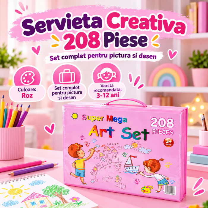Set 208 Piese pentru Pictura si Desen Copii, Servieta Roz, 3-12 Ani - ORIGINAL DEALS [2]