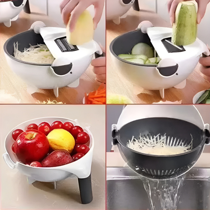 Tocator Multifunctional, , Lame Otel Inoxidabil, cu Suport Scurgere, Maner, Protectie Mana, 22x22x12 cm, Alb Negru [3]