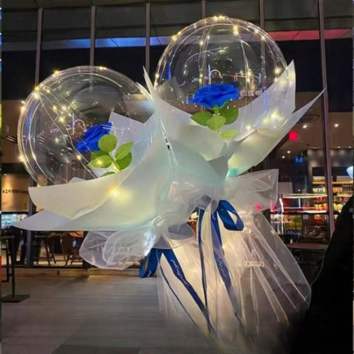 Trandafir in Balon LED cu Lumini, , Tip Buchet, Diametru 35 cm, Albastru [3]