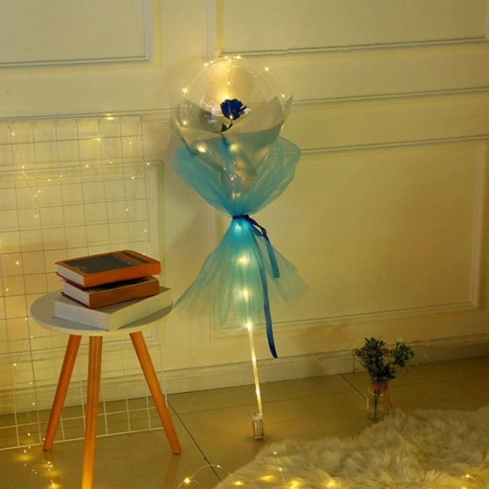 Trandafir in Balon LED cu Lumini, , Tip Buchet, Diametru 35 cm, Albastru [5]
